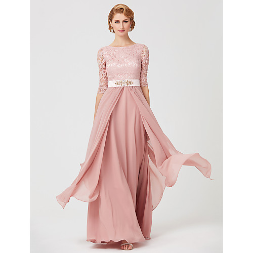 A-Line Mother of the Bride Dress Jewel Neck Ankle Length Chiffon Metallic Lace 3/4 Length Sleeve with Sash / Ribbon Beading 2021
A-Line Mother of the Bride Dress Jewel Neck Ankle Length Chiffon Metallic Lace 3/4 Length Sleeve with Sash / Ribbon Beading 2021