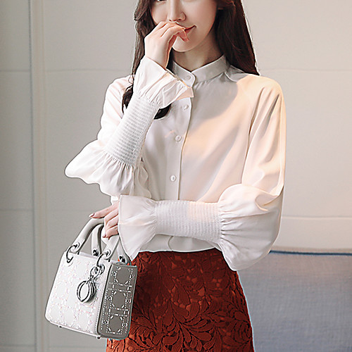 

Women's Blouse Solid Colored Pleated Long Sleeve Going out Tops Sophisticated White