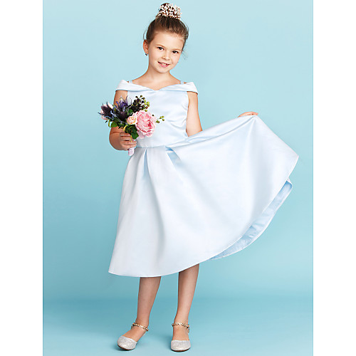 Princess / A-Line Off Shoulder Tea Length Satin Junior Bridesmaid Dress with Pleats
Princess / A-Line Off Shoulder Tea Length Satin Junior Bridesmaid Dress with Pleats