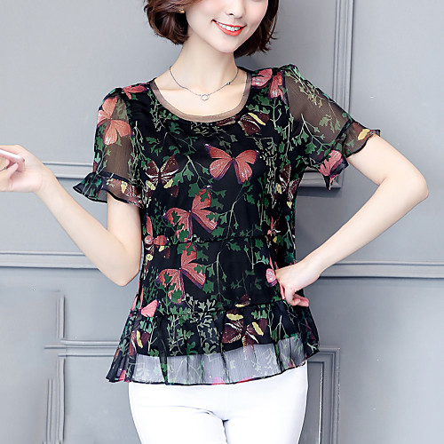 Women's Blouse Floral Plus Size Patchwork Print Short Sleeve Going out Tops Basic Streetwear Black Blue
Women's Blouse Floral Plus Size Patchwork Print Short Sleeve Going out Tops Basic Streetwear Black Blue