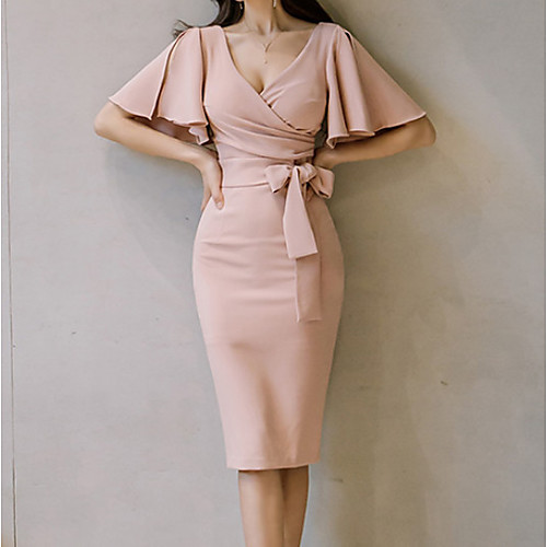 

Women's Wrap Dress Knee Length Dress Blushing Pink Short Sleeve Dusty Rose Solid Colored Summer V Neck Butterfly Sleeves Cotton Slim S M L XL / High Waist / Sexy