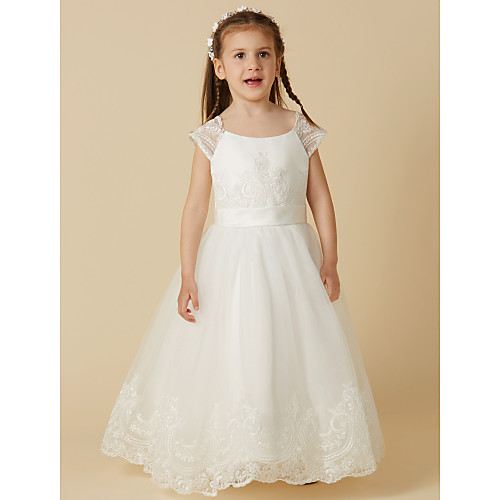 A-Line Floor Length Wedding / First Communion Flower Girl Dresses - Lace / Tulle Short Sleeve Scoop Neck with Sash / Ribbon / Buttons
A-Line Floor Length Wedding / First Communion Flower Girl Dresses - Lace / Tulle Short Sleeve Scoop Neck with Sash / Ribbon / Buttons