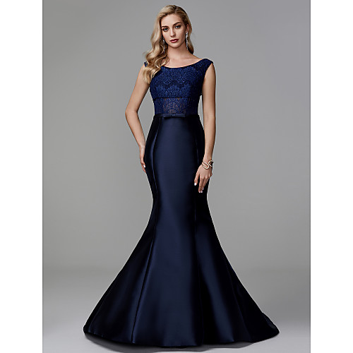 

Mermaid / Trumpet Elegant Formal Evening Black Tie Gala Dress Bateau Sleeveless Court Train Lace Satin with Lace 2021