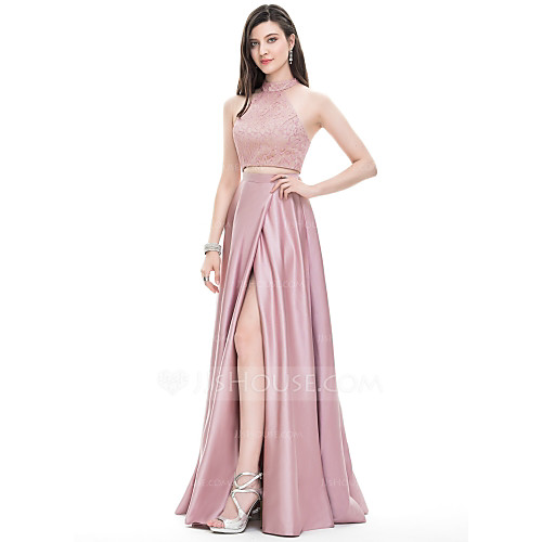 A-Line Elegant Two Piece Prom Formal Evening Dress Halter Neck Sleeveless Floor Length Lace Charmeuse with Split Front 2021
A-Line Elegant Two Piece Prom Formal Evening Dress Halter Neck Sleeveless Floor Length Lace Charmeuse with Split Front 2021