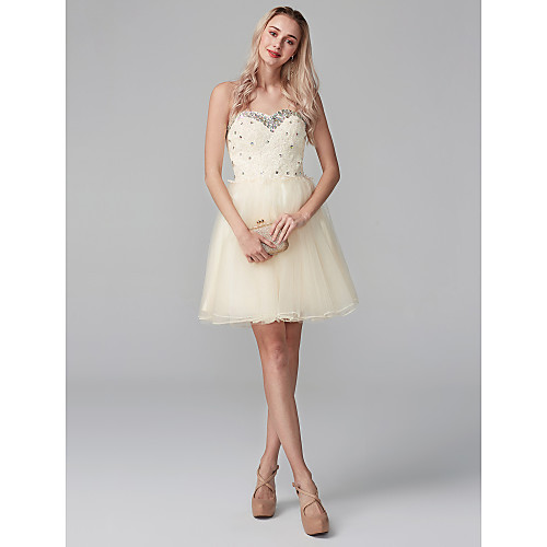 

Ball Gown Sparkle & Shine Cute Cocktail Party Dress Sweetheart Neckline Sleeveless Short / Mini Chiffon Beaded Lace with Lace Crystals 2021