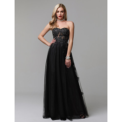 

A-Line Sparkle & Shine Prom Formal Evening Dress Sweetheart Neckline Sleeveless Floor Length Lace Tulle with Beading Appliques 2021
