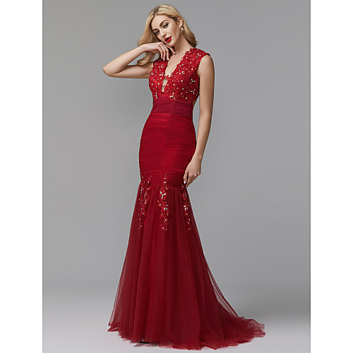 Mermaid / Trumpet Elegant Floral Open Back Formal Evening Black Tie Gala Dress Plunging Neck Sleeveless Sweep / Brush Train Tulle Beaded Lace with Ruched Appliques 2021
Mermaid / Trumpet Elegant Floral Open Back Formal Evening Black Tie Gala Dress Plunging Neck Sleeveless Sweep / Brush Train Tulle Beaded Lace with Ruched Appliques 2021