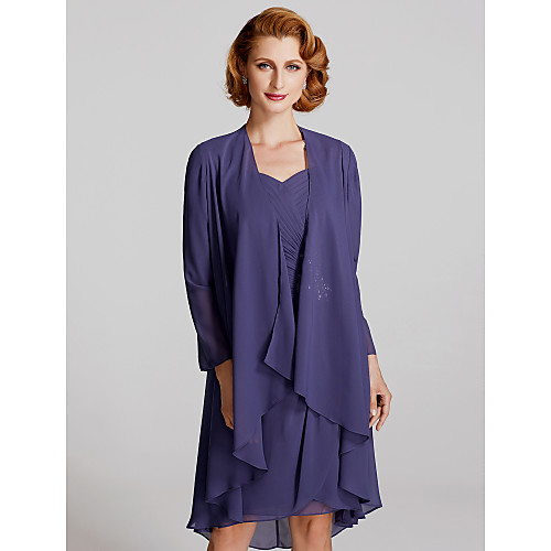 Sheath / Column Mother of the Bride Dress Wrap Included Queen Anne Knee Length Chiffon Lace Long Sleeve with Lace Crystals Appliques 2021
Sheath / Column Mother of the Bride Dress Wrap Included Queen Anne Knee Length Chiffon Lace Long Sleeve with Lace Crystals Appliques 2021