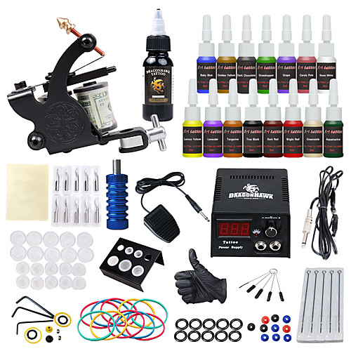 

Tattoo Machine Starter Kit - 1 pcs Tattoo Machines with 155 ml tattoo inks, Safety, All in One, Easy to Setup Alloy LCD power supply 1 alloy machine liner & shader