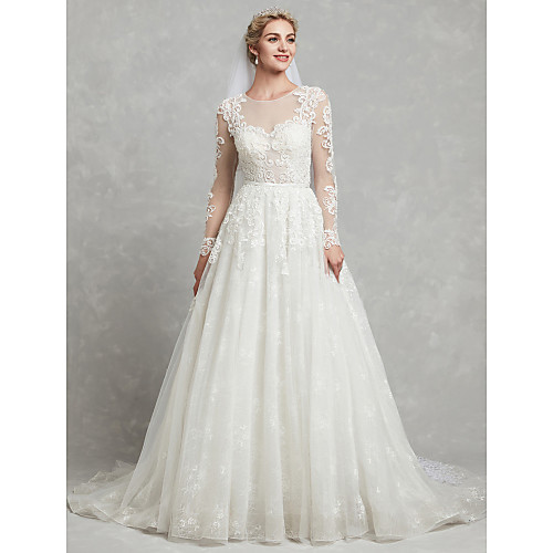 A-Line Wedding Dresses Jewel Neck Court Train Lace Tulle Long Sleeve Sexy See-Through Illusion Detail Backless with Lace Appliques 2021
A-Line Wedding Dresses Jewel Neck Court Train Lace Tulle Long Sleeve Sexy See-Through Illusion Detail Backless with Lace Appliques 2021