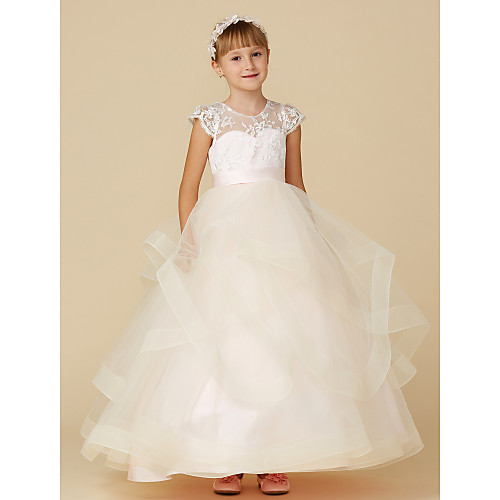 Ball Gown Floor Length Wedding / Party / Pageant Flower Girl Dresses - Lace / Tulle Short Sleeve Illusion Neck with Sash / Ribbon / Buttons
Ball Gown Floor Length Wedding / Party / Pageant Flower Girl Dresses - Lace / Tulle Short Sleeve Illusion Neck with Sash / Ribbon / Buttons