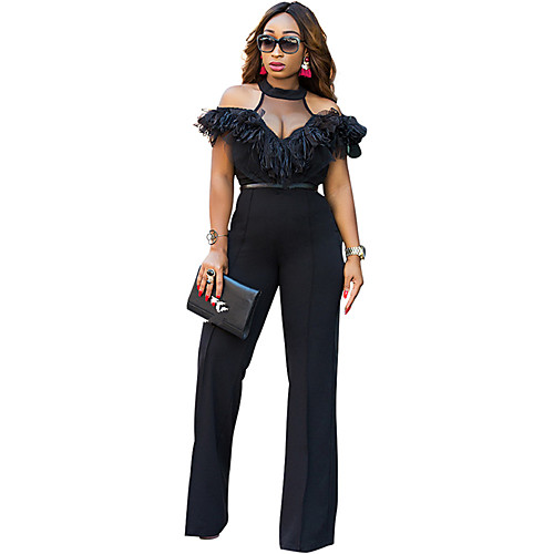 

Women's Sophisticated Going out Turtleneck Black Jumpsuit Solid Colored Ruffle Mesh High Waist / Wide Leg / Sexy