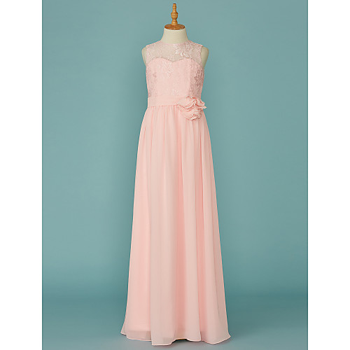 

A-Line Jewel Neck Floor Length Chiffon / Lace Junior Bridesmaid Dress with Lace / Sash / Ribbon