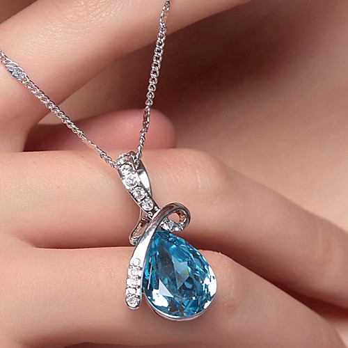 

Women's Crystal Pendant Necklace Pear Cut Solitaire Water Drop Necklace Drop Aquarius Teardrop Ladies Elegant Fashion Blinging Silver Plated White Gold Alloy Purple Red Blue Orange Champagne Necklace