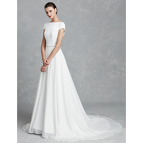 A-Line Wedding Dresses Bateau Neck Court Train Chiffon Satin Short Sleeve Simple Backless with Crystal Brooch 2021
A-Line Wedding Dresses Bateau Neck Court Train Chiffon Satin Short Sleeve Simple Backless with Crystal Brooch 2021