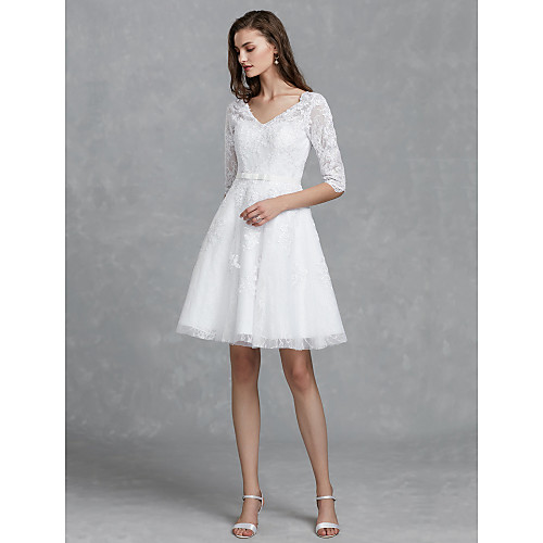 A-Line Wedding Dresses V Neck Knee Length Lace Half Sleeve Floral Lace with Sashes / Ribbons Bow(s) 2021
A-Line Wedding Dresses V Neck Knee Length Lace Half Sleeve Floral Lace with Sashes / Ribbons Bow(s) 2021