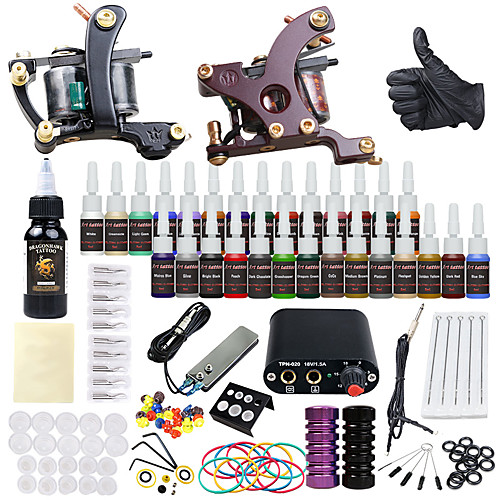 

Solong Tattoo Tattoo Machine Starter Kit - 2 pcs Tattoo Machines with 28 x 5 ml tattoo inks, Professional Mini power supply Case Not Included 2 alloy machine liner & shader