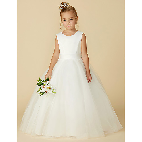 A-Line Floor Length Wedding / First Communion Flower Girl Dresses - Satin / Tulle Sleeveless Jewel Neck with Bow(s) / Buttons
A-Line Floor Length Wedding / First Communion Flower Girl Dresses - Satin / Tulle Sleeveless Jewel Neck with Bow(s) / Buttons