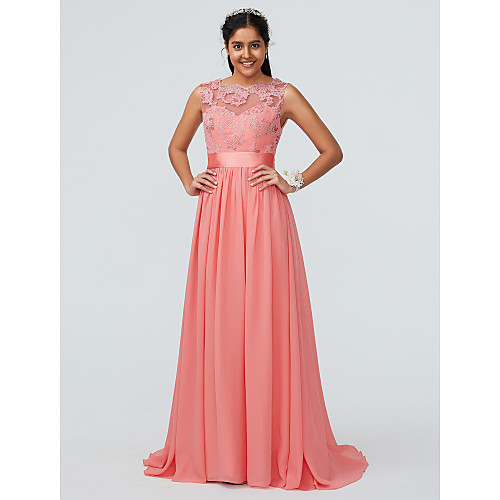 A-Line Bateau Neck Sweep / Brush Train Chiffon / Lace Bridesmaid Dress with Lace / Sash / Ribbon / Open Back
A-Line Bateau Neck Sweep / Brush Train Chiffon / Lace Bridesmaid Dress with Lace / Sash / Ribbon / Open Back