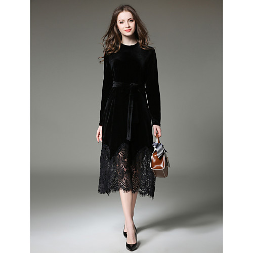 

Women's Lace Midi Dress Black Wine Long Sleeve Solid Colored Lace Fall Round Neck Sophisticated Work Slim Velvet S M L XL