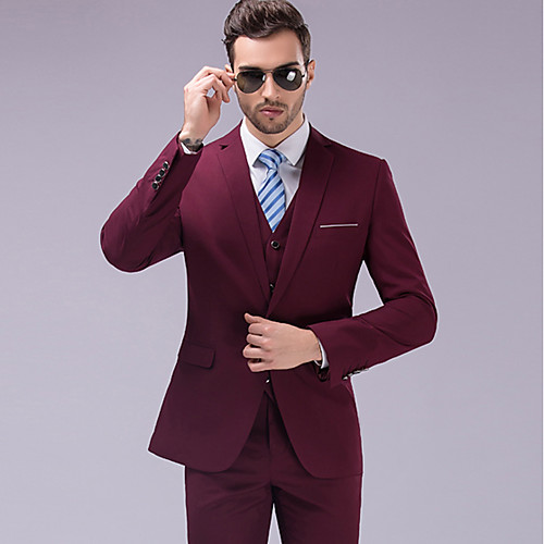 

Burgundy Solid Colored Tailored Fit Polyester Suit - Notch Single Breasted One-button / Suits