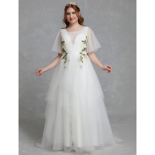 A-Line Wedding Dresses Jewel Neck Sweep / Brush Train Tulle Short Sleeve Casual Boho Plus Size with Lace 2021
A-Line Wedding Dresses Jewel Neck Sweep / Brush Train Tulle Short Sleeve Casual Boho Plus Size with Lace 2021