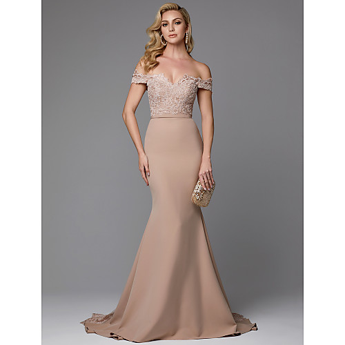 Mermaid / Trumpet Vintage Inspired Formal Evening Dress Off Shoulder Sleeveless Sweep / Brush Train Jersey with Lace Buttons 2021
Mermaid / Trumpet Vintage Inspired Formal Evening Dress Off Shoulder Sleeveless Sweep / Brush Train Jersey with Lace Buttons 2021