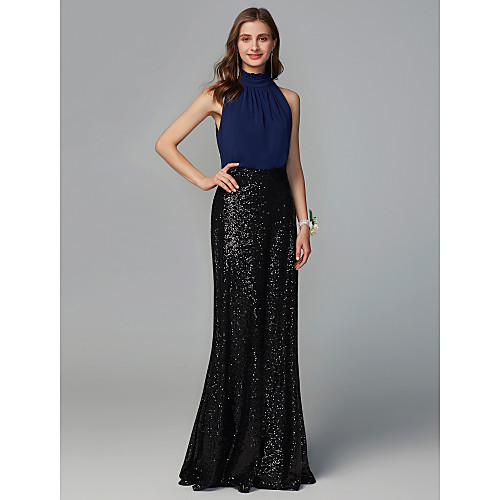 Sheath / Column High Neck Floor Length Chiffon / Sequined Bridesmaid Dress with Sequin
Sheath / Column High Neck Floor Length Chiffon / Sequined Bridesmaid Dress with Sequin
