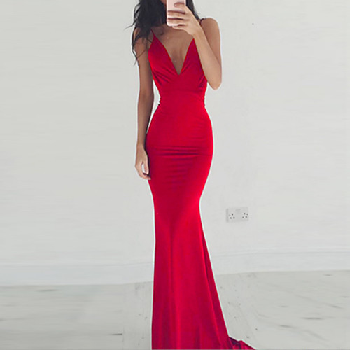 

Women's Trumpet / Mermaid Dress Maxi long Dress - Sleeveless Solid Colored Backless Deep V Spring Summer Deep V Sexy Party Cocktail Party Prom Wine Black Red S M L XL