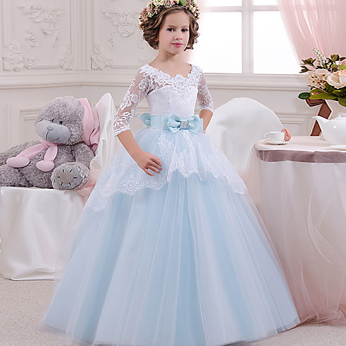 Princess Floor Length Wedding / Party / Pageant Flower Girl Dresses - Lace / Tulle / Mikado 3/4 Length Sleeve Square Neck with Lace / Bow(s) / Splicing
Princess Floor Length Wedding / Party / Pageant Flower Girl Dresses - Lace / Tulle / Mikado 3/4 Length Sleeve Square Neck with Lace / Bow(s) / Splicing