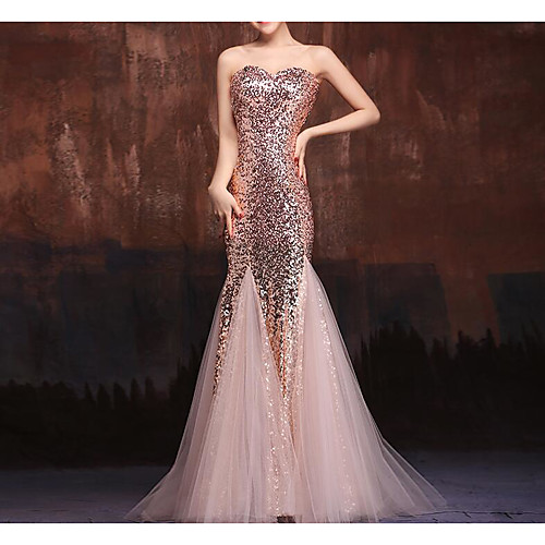 

Mermaid / Trumpet Sparkle Engagement Formal Evening Dress Sweetheart Neckline Floor Length Tulle Sequined with Sequin 2021