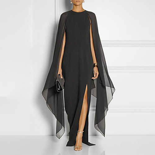 

Sheath / Column Elegant Black Wedding Guest Formal Evening Dress Jewel Neck Sleeveless Floor Length Chiffon with Draping Split Front 2020