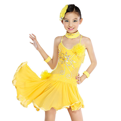 

Latin Dance Kids' Dancewear Dress Cascading Ruffles Crystals / Rhinestones Paillette Girls' Training Performance Sleeveless Mesh Polyester