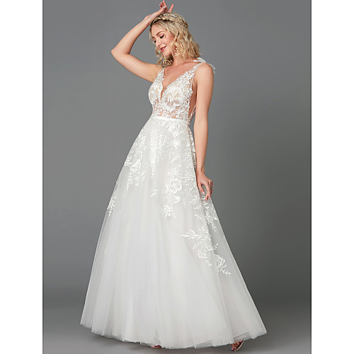 A-Line Wedding Dresses Plunging Neck Floor Length Lace Tulle Sleeveless See-Through with Appliques 2021
A-Line Wedding Dresses Plunging Neck Floor Length Lace Tulle Sleeveless See-Through with Appliques 2021