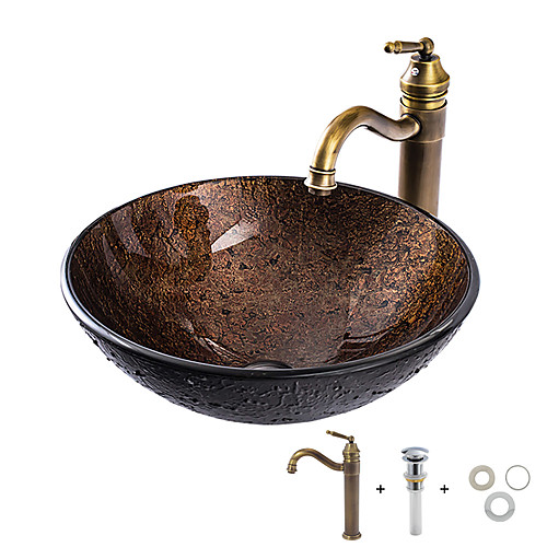 

Bathroom Sink Faucet Suit with Brass Mounting Ring Antique - Tempered Glass Round Vessel Sink and Zinc Alloy Faucet