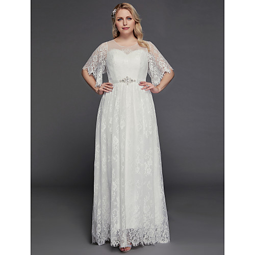 

A-Line Wedding Dresses Illusion Neck Jewel Neck Floor Length Lace Tulle Half Sleeve Formal Boho Little White Dress See-Through with Beading Lace Insert 2021