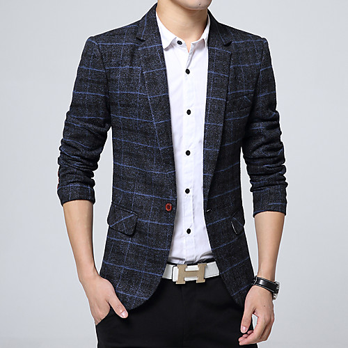 

Men's Blazer, Plaid / Check Notch Lapel Wool / Polyester Navy Blue / Gray / Khaki