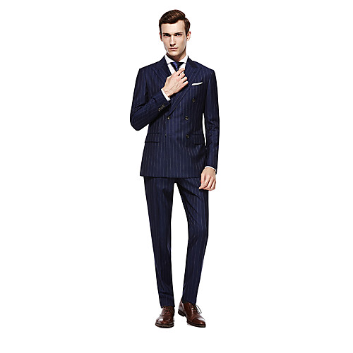 

Dark navy Striped Standard Fit Wool Suit - Peak Double Breasted Six-buttons