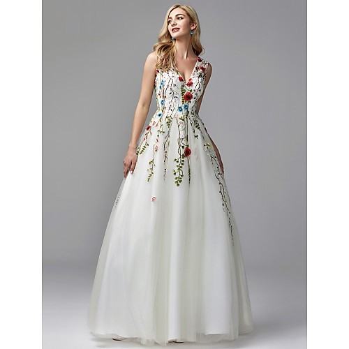 A-Line White Floral Quinceanera Formal Evening Valentine's Day Dress V Neck Sleeveless Floor Length Lace Tulle with Embroidery Appliques 2021
A-Line White Floral Quinceanera Formal Evening Valentine's Day Dress V Neck Sleeveless Floor Length Lace Tulle with Embroidery Appliques 2021