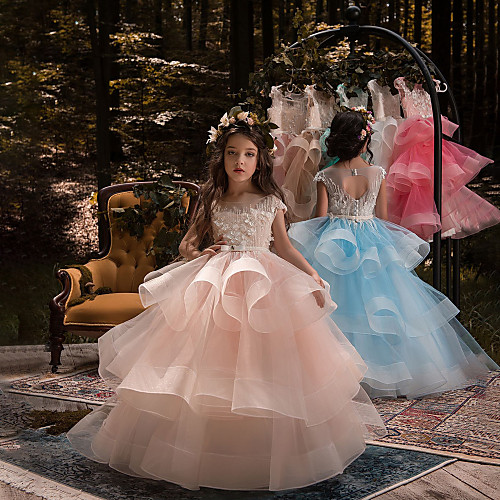 

Ball Gown Sweep / Brush Train Birthday / Pageant Flower Girl Dresses - Lace / Organza / Tulle Short Sleeve Boat Neck with Heart / Belt / Beading