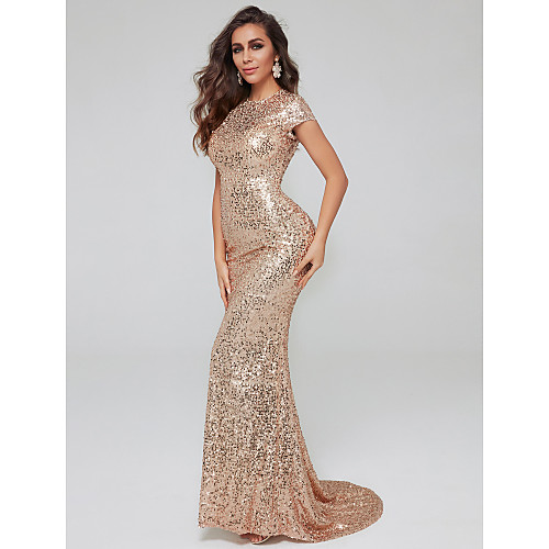 

Mermaid / Trumpet Celebrity Style Formal Evening Dress Jewel Neck Short Sleeve Sweep / Brush Train Sequined with Sequin 2021