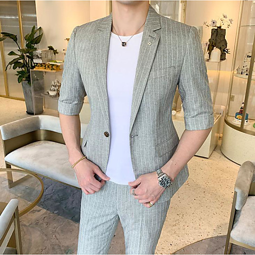 Gray / Light Grey Striped Slim Fit Cotton Suit - Notch Single Breasted One-button
Gray / Light Grey Striped Slim Fit Cotton Suit - Notch Single Breasted One-button