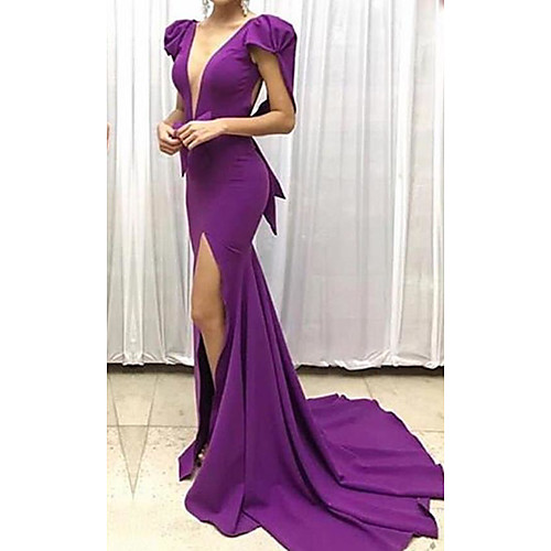 A-Line Sexy Furcal Formal Evening Dress Plunging Neck Short Sleeve Sweep / Brush Train Polyester with 2021
A-Line Sexy Furcal Formal Evening Dress Plunging Neck Short Sleeve Sweep / Brush Train Polyester with 2021