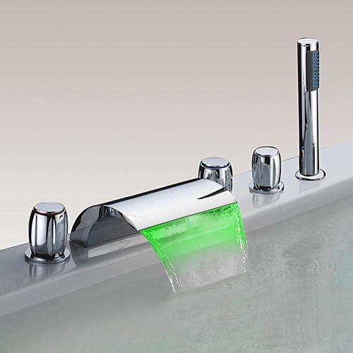 

Bathtub Faucet - LED Chrome Waterfall Bath Shower Mixer Taps Modern Three Handles Five Holes with Handshower