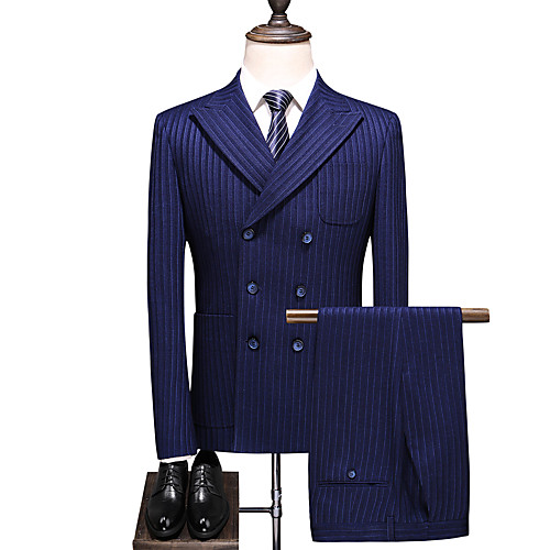 

Dark Navy Striped Standard Fit Polyester Suit - Peak Double Breasted Six-buttons / Suits