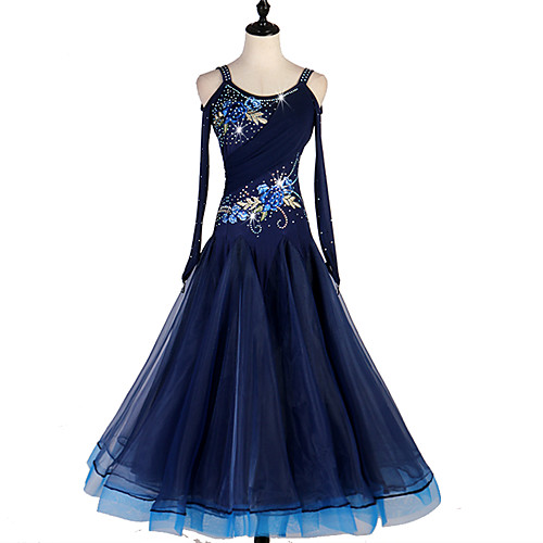 

Ballroom Dance Dress Embroidery Crystals / Rhinestones Women's Training Performance Long Sleeve Elastane Tulle Spandex