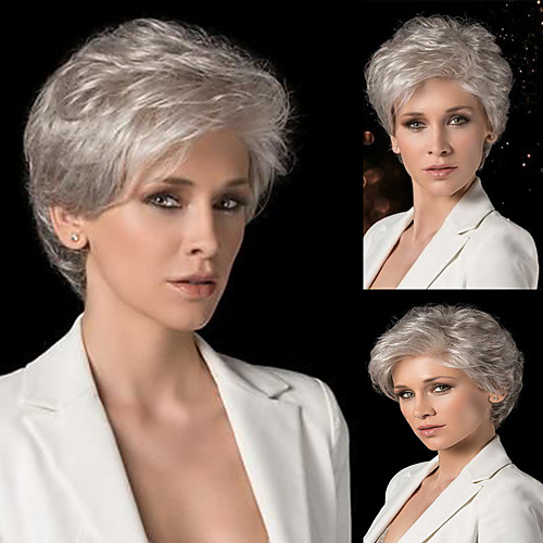 

Human Hair Blend Wig Short Curly Natural Wave Pixie Cut With Bangs Simple Sexy Lady African American Wig Capless All Women's Silver