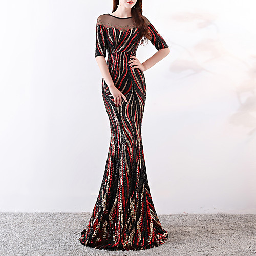 

Mermaid / Trumpet Elegant & Luxurious Sexy Formal Evening Dress Jewel Neck Half Sleeve Sweep / Brush Train Sequined with Sequin 2021