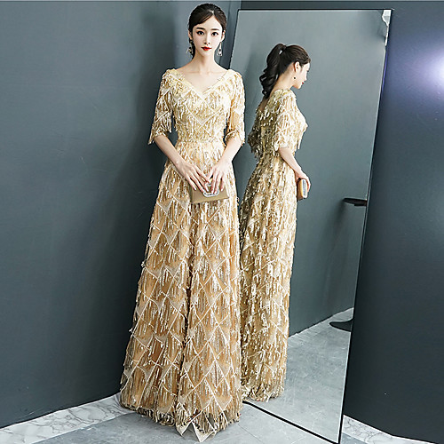 A-Line Elegant Sparkle & Shine Formal Evening Dress V Neck Half Sleeve Floor Length Lace with Sequin 2021
A-Line Elegant Sparkle & Shine Formal Evening Dress V Neck Half Sleeve Floor Length Lace with Sequin 2021