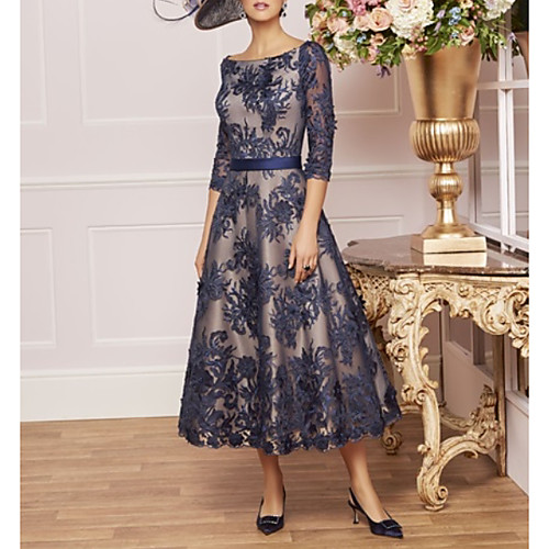 A-Line Mother of the Bride Dress Plus Size Elegant Vintage Bateau Neck Tea Length Lace Half Sleeve with Lace Sash / Ribbon 2021
A-Line Mother of the Bride Dress Plus Size Elegant Vintage Bateau Neck Tea Length Lace Half Sleeve with Lace Sash / Ribbon 2021